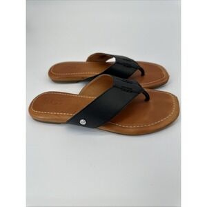 UGG Carey Flip Flop Women's 6 Black and Tan Leather Flat Sandals Summer